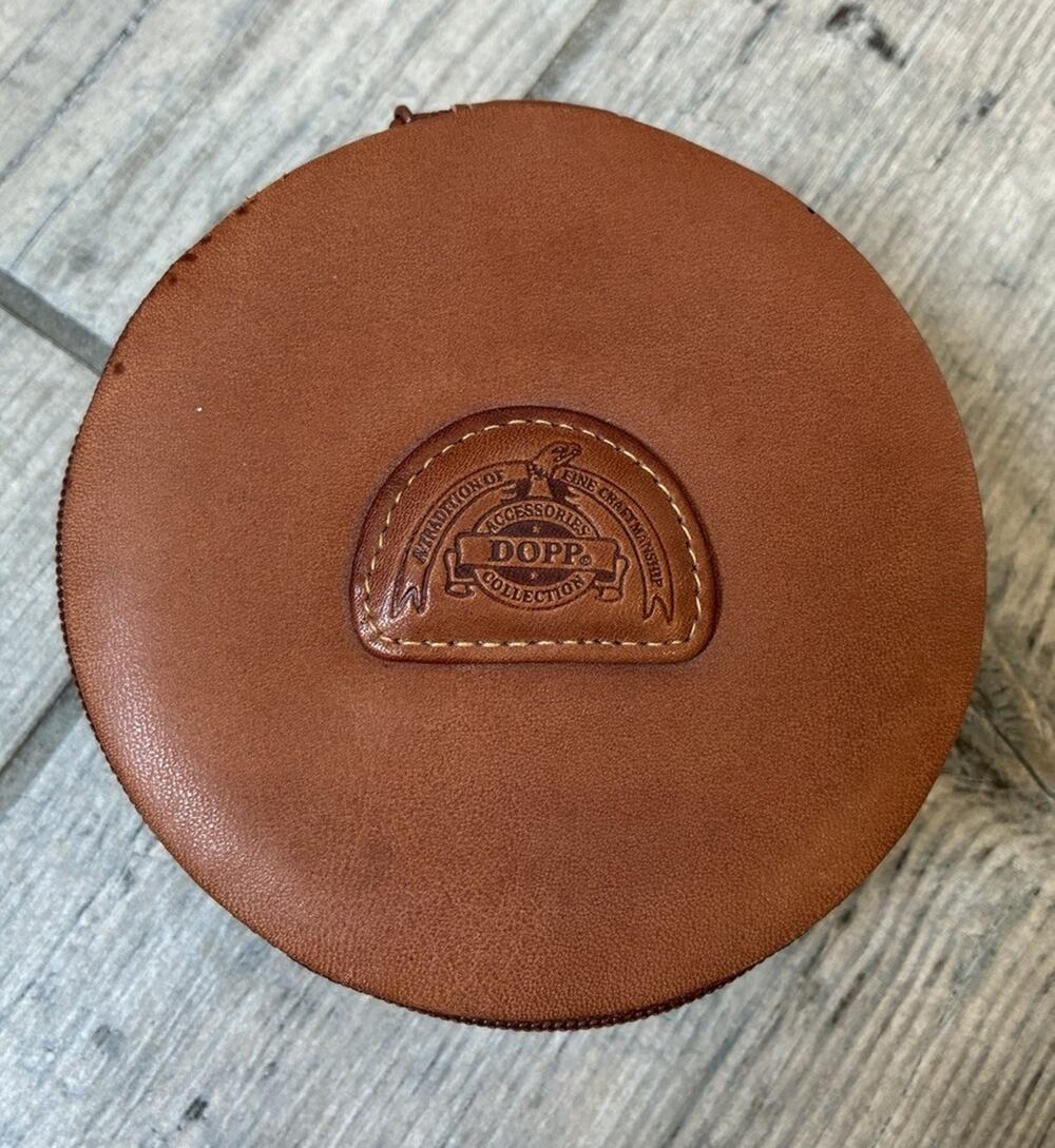 Vintage Dopp Buxton Leather Travel Jewelry Case Round Tan Deadstock 1980s